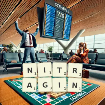 Kreatywna ilustracja do gry w Scrabble ze słowem NITRAGIN ułożonym z płytek na planszy.