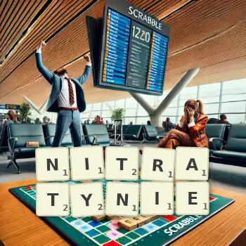 Kreatywna ilustracja do gry w Scrabble ze słowem NITRATYNIE ułożonym z płytek na planszy.