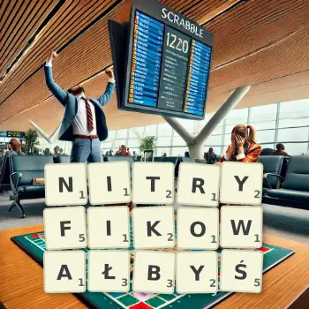 Kreatywna ilustracja do gry w Scrabble ze słowem NITRYFIKOWAŁBYŚ ułożonym z płytek na planszy.