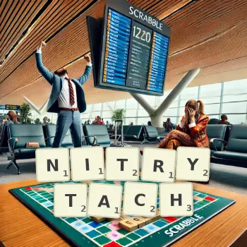 Kreatywna ilustracja do gry w Scrabble ze słowem NITRYTACH ułożonym z płytek na planszy.