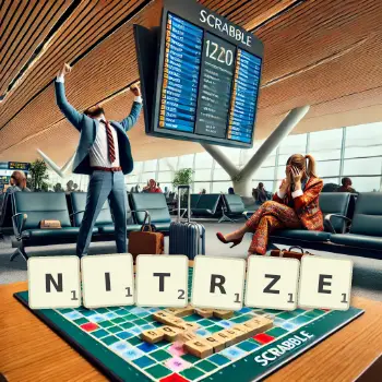 Kreatywna ilustracja do gry w Scrabble ze słowem NITRZE ułożonym z płytek na planszy.