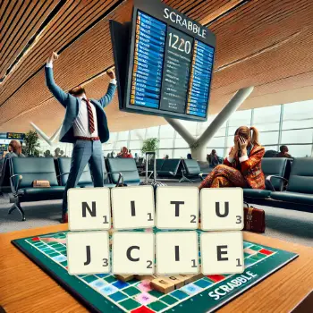 Kreatywna ilustracja do gry w Scrabble ze słowem NITUJCIE ułożonym z płytek na planszy.