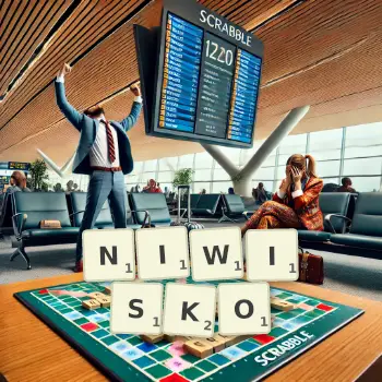 Kreatywna ilustracja do gry w Scrabble ze słowem NIWISKO ułożonym z płytek na planszy.