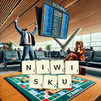 Kreatywna ilustracja do gry w Scrabble ze słowem NIWISKU ułożonym z płytek na planszy.