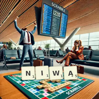 Kreatywna ilustracja do gry w Scrabble ze słowem NIWĄ ułożonym z płytek na planszy.