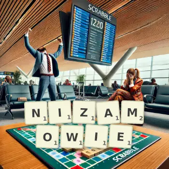 Kreatywna ilustracja do gry w Scrabble ze słowem NIZAMOWIE ułożonym z płytek na planszy.