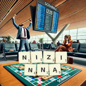 Kreatywna ilustracja do gry w Scrabble ze słowem NIZINNĄ ułożonym z płytek na planszy.