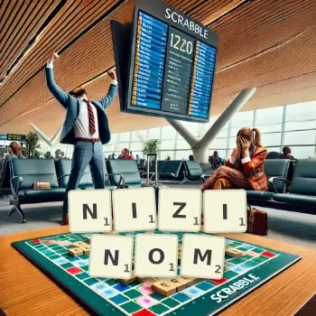 Kreatywna ilustracja do gry w Scrabble ze słowem NIZINOM ułożonym z płytek na planszy.