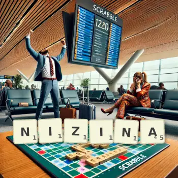 Kreatywna ilustracja do gry w Scrabble ze słowem NIZINĄ ułożonym z płytek na planszy.