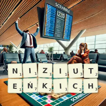 Kreatywna ilustracja do gry w Scrabble ze słowem NIZIUTEŃKICH ułożonym z płytek na planszy.