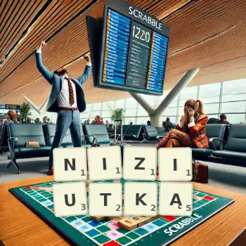 Kreatywna ilustracja do gry w Scrabble ze słowem NIZIUTKĄ ułożonym z płytek na planszy.