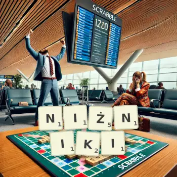 Kreatywna ilustracja do gry w Scrabble ze słowem NIŻNIKI ułożonym z płytek na planszy.
