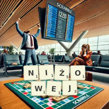 Kreatywna ilustracja do gry w Scrabble ze słowem NIŻOWEJ ułożonym z płytek na planszy.