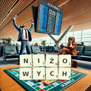 Kreatywna ilustracja do gry w Scrabble ze słowem NIŻOWYCH ułożonym z płytek na planszy.