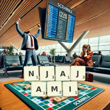 Kreatywna ilustracja do gry w Scrabble ze słowem NJAJAMI ułożonym z płytek na planszy.