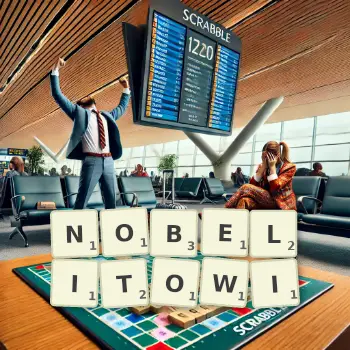 Kreatywna ilustracja do gry w Scrabble ze słowem NOBELITOWI ułożonym z płytek na planszy.