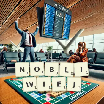 Kreatywna ilustracja do gry w Scrabble ze słowem NOBLIWIEJ ułożonym z płytek na planszy.