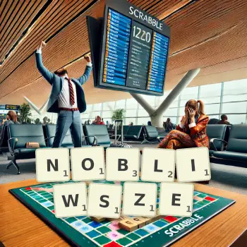 Kreatywna ilustracja do gry w Scrabble ze słowem NOBLIWSZE ułożonym z płytek na planszy.