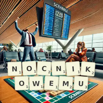 Kreatywna ilustracja do gry w Scrabble ze słowem NOCNIKOWEMU ułożonym z płytek na planszy.