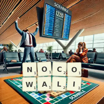 Kreatywna ilustracja do gry w Scrabble ze słowem NOCOWALI ułożonym z płytek na planszy.