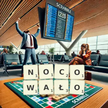 Kreatywna ilustracja do gry w Scrabble ze słowem NOCOWAŁO ułożonym z płytek na planszy.