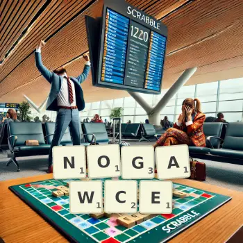 Kreatywna ilustracja do gry w Scrabble ze słowem NOGAWCE ułożonym z płytek na planszy.
