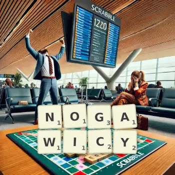 Kreatywna ilustracja do gry w Scrabble ze słowem NOGAWICY ułożonym z płytek na planszy.