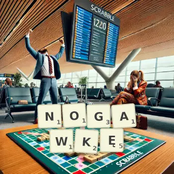 Kreatywna ilustracja do gry w Scrabble ze słowem NOGAWKĘ ułożonym z płytek na planszy.