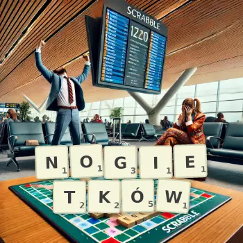 Kreatywna ilustracja do gry w Scrabble ze słowem NOGIETKÓW ułożonym z płytek na planszy.