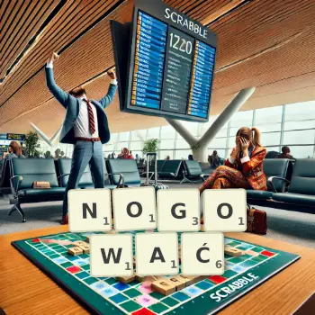 Kreatywna ilustracja do gry w Scrabble ze słowem NOGOWAĆ ułożonym z płytek na planszy.