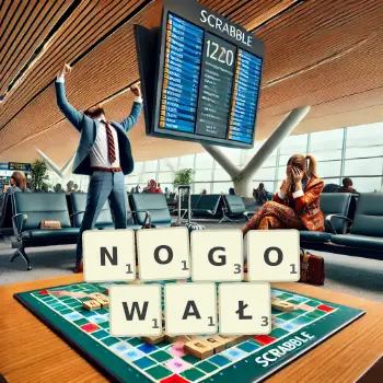 Kreatywna ilustracja do gry w Scrabble ze słowem NOGOWAŁ ułożonym z płytek na planszy.