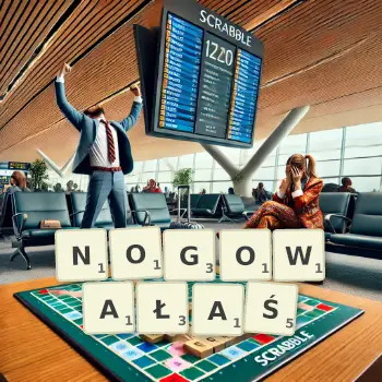 Kreatywna ilustracja do gry w Scrabble ze słowem NOGOWAŁAŚ ułożonym z płytek na planszy.