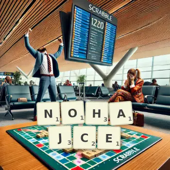 Kreatywna ilustracja do gry w Scrabble ze słowem NOHAJCE ułożonym z płytek na planszy.
