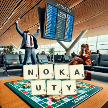Kreatywna ilustracja do gry w Scrabble ze słowem NOKAUTY ułożonym z płytek na planszy.