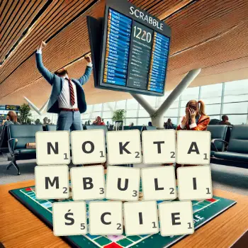 Kreatywna ilustracja do gry w Scrabble ze słowem NOKTAMBULIŚCIE ułożonym z płytek na planszy.