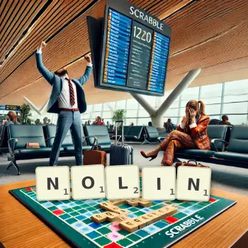 Kreatywna ilustracja do gry w Scrabble ze słowem NOLIN ułożonym z płytek na planszy.
