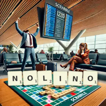 Kreatywna ilustracja do gry w Scrabble ze słowem NOLINO ułożonym z płytek na planszy.