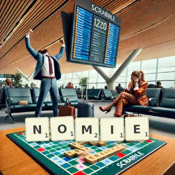 Kreatywna ilustracja do gry w Scrabble ze słowem NOMIE ułożonym z płytek na planszy.