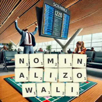 Kreatywna ilustracja do gry w Scrabble ze słowem NOMINALIZOWALI ułożonym z płytek na planszy.