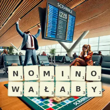 Kreatywna ilustracja do gry w Scrabble ze słowem NOMINOWAŁABY ułożonym z płytek na planszy.