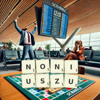 Kreatywna ilustracja do gry w Scrabble ze słowem NONIUSZU ułożonym z płytek na planszy.