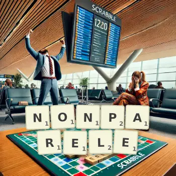 Kreatywna ilustracja do gry w Scrabble ze słowem NONPARELE ułożonym z płytek na planszy.