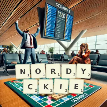 Kreatywna ilustracja do gry w Scrabble ze słowem NORDYCKIE ułożonym z płytek na planszy.