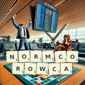 Kreatywna ilustracja do gry w Scrabble ze słowem NORMCOROWCA ułożonym z płytek na planszy.