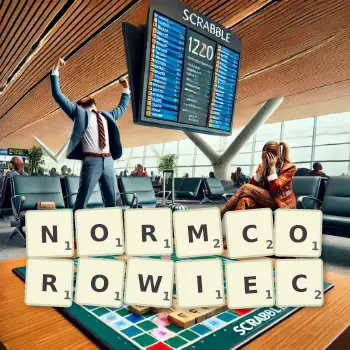 Kreatywna ilustracja do gry w Scrabble ze słowem NORMCOROWIEC ułożonym z płytek na planszy.