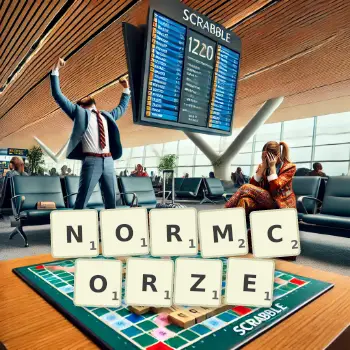 Kreatywna ilustracja do gry w Scrabble ze słowem NORMCORZE ułożonym z płytek na planszy.