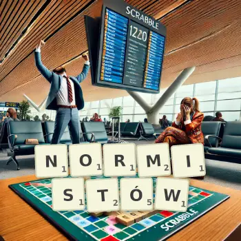 Kreatywna ilustracja do gry w Scrabble ze słowem NORMISTÓW ułożonym z płytek na planszy.