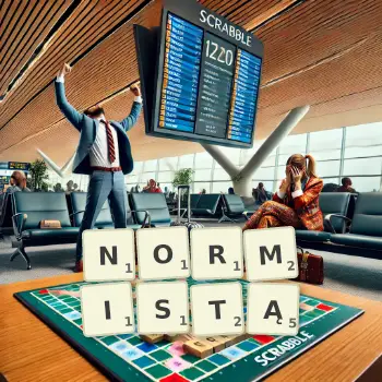 Kreatywna ilustracja do gry w Scrabble ze słowem NORMISTĄ ułożonym z płytek na planszy.
