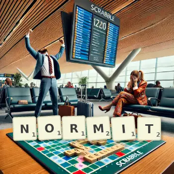 Kreatywna ilustracja do gry w Scrabble ze słowem NORMIT ułożonym z płytek na planszy.