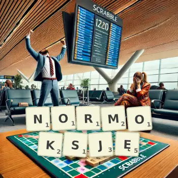 Kreatywna ilustracja do gry w Scrabble ze słowem NORMOKSJĘ ułożonym z płytek na planszy.